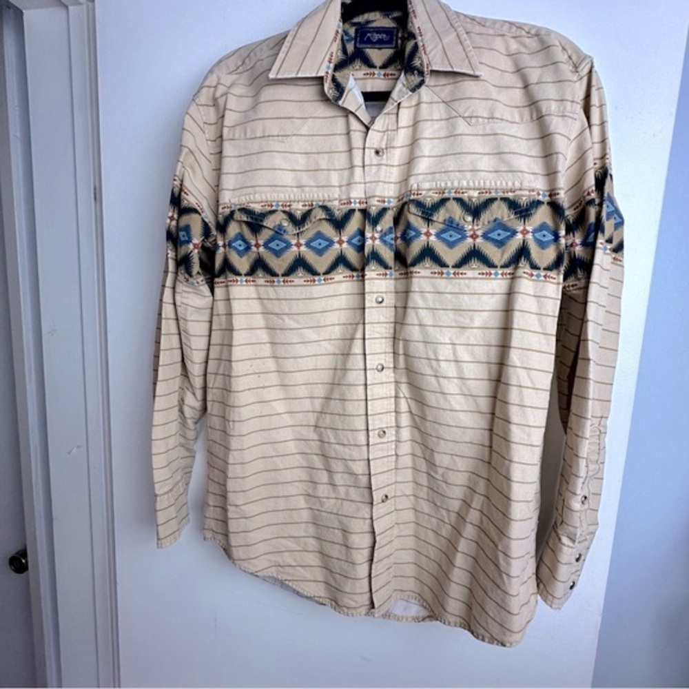 Roper Brown Cotton Vintage Southwestern Aztec Striped Pearl Snap Button Shirt S